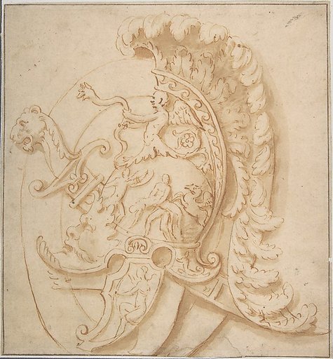 Design for a Trophy with Sword and a Plumed Helmet Decorated with Grotesques Masks, Classical Motifs
