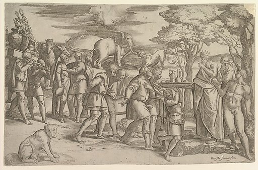 Melchizadek offering bread and wine to Abraham