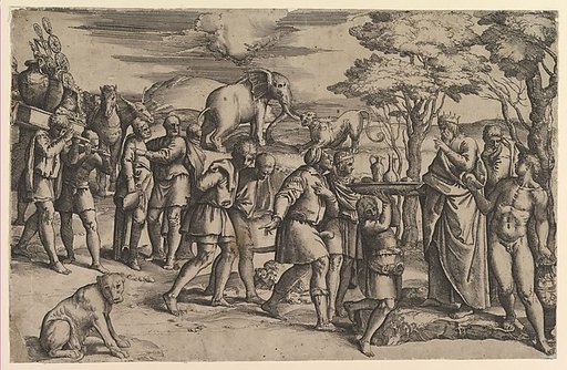 Melchizadek offering bread and wine to Abraham
