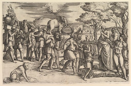 Melchizadek offering bread and wine to Abraham