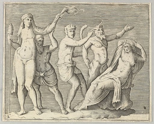 Two Figures, a Faun, and a Satyr approach a Recliniing Woman, from "Ex Antiquis Cameorum et Gemmae Delineata/ Liber Secundus/et ab Enea Vico Parmen Incis"