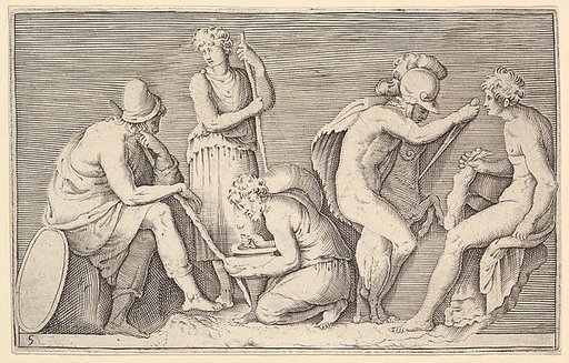 Scene of Sacrifice with Warrior Killing Ram and Four Other Figures, from "Ex Antiquis Cameorum et Gemmae Delineata/ Liber Secundus/et ab Enea Vico Parmen Incis"