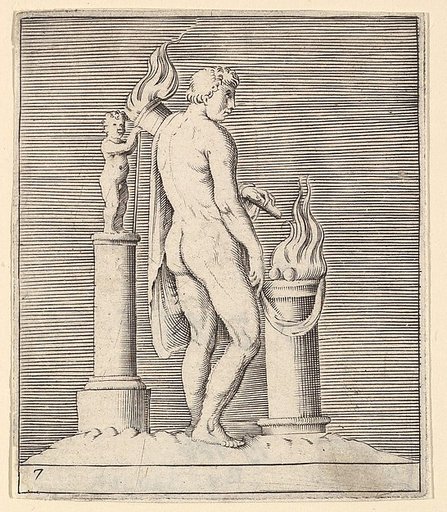 Man with Torch between Flaming Altar and Statuette, from "Ex Antiquis Cameorum et Gemmae Delineata/ Liber Secundus/et ab Enea Vico Parmen Incis"