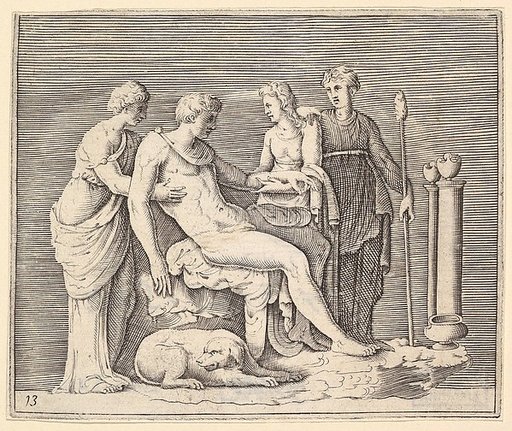 Man Attended by Three Women, from "Ex Antiquis Cameorum et Gemmae Delineata/ Liber Secundus/et ab Enea Vico Parmen Incis"