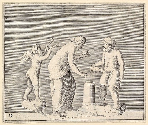 A Woman and Man Sacrificing in the Presence of Cupid, from "Ex Antiquis Cameorum et Gemmae Delineata/ Liber Secundus/et ab Enea Vico Parmen Incis"