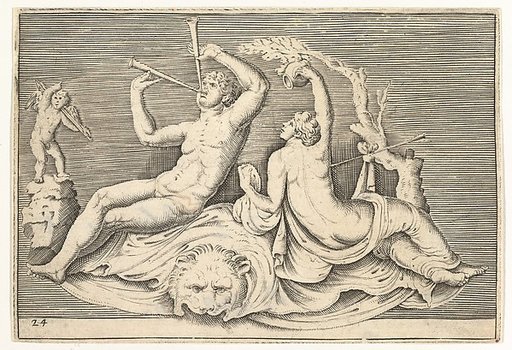 Man Playing Two Flutes and Woman on Lionskin, from "Ex Antiquis Cameorum et Gemmae Delineata/ Liber Secundus/et ab Enea Vico Parmen Incis"