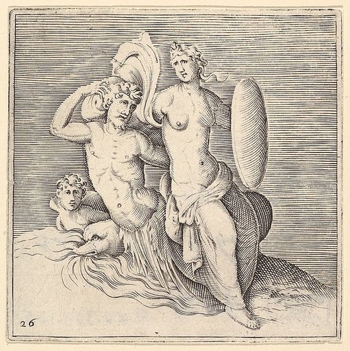 Woman with Shield Seated on Seamonster, from "Ex Antiquis Cameorum et Gemmae Delineata/ Liber Secundus/et ab Enea Vico Parmen Incis"