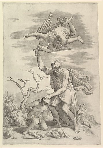 The sacrifice of Abraham who needs before Isaac who raises his sword to strike him