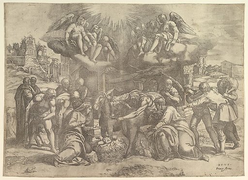 The Adoration of the Shepherds with angels overhead