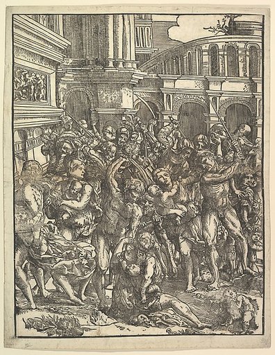 The Massacre of the Innocents (Right side) with group of male figures attacking women and children; classical buildings in the background