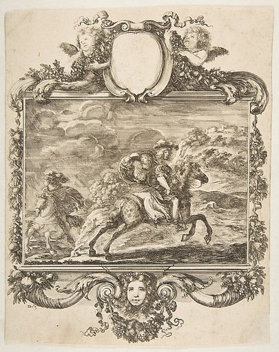 A cavalier and a lady on horseback, within an ornate border decorated with fruit and cornucopias