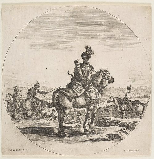 Polish horseman with a bow and arrow, seen from behind with his horse facing right, a circular composition, from "Figures on Horseback" (Cavaliers nègres, polonais et hongrois)