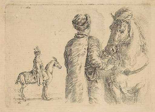 A Polish groom, from the back, holding a horse by the bridle
