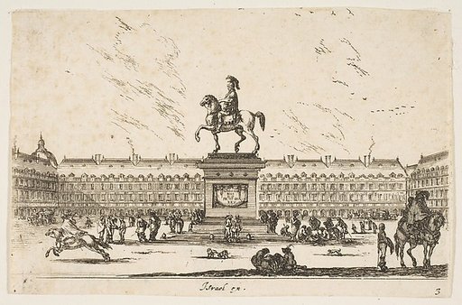 La Place Royale, equestrian statue of Louis XIII in profile facing the left in center, various horsemen and figures in background, plate 3 from "Various Figures" (Agréable diversité de figures)