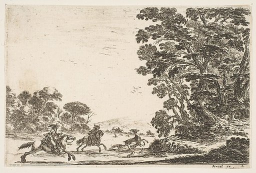 A deer hunt, two horsemen galloping towards the left behind three dogs and a deer, a group of trees to right, plate 4 from "Various Figures" (Agréable diversité de figures)