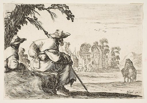 Two pilgrims with hats rest to the left, seen from behind, a horseman rides towards the background to the right, plate 5 from "Various Figures" (Agréable diversité de figures)