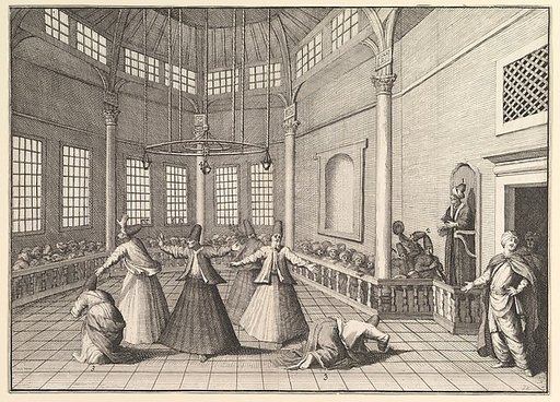 The Inside of a Mosque, the Dervishes Dancing  (Aubry de La Mottraye's "Travels throughout Europe, Asia and into Part of Africa...,"  London, 1724, vol. I, pl. 16)