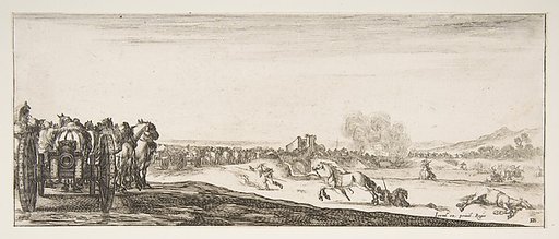 A procession of horse-drawn cannon carriages to left, horsemen in combat and a dead horse to right, battle on a bridge in center background, from "Peace and War" (Divers desseins tant pour la paix que pour la guerre)