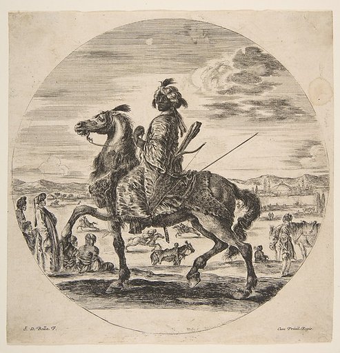 A Moorish horseman facing the left, standing and seated Turks in the middle ground, and other horsemen in the background, from 'Figures on Horseback' (Cavaliers nègres, polonais et hongrois)