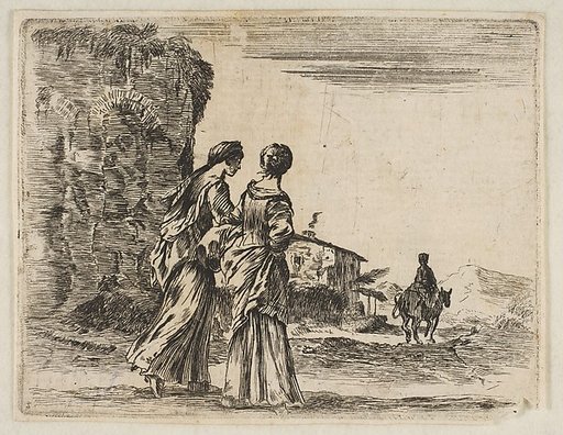 Plate 3: two girls walking towards the right, seen from behind, a woman on a horse to right in background, from "Diversi capricci"