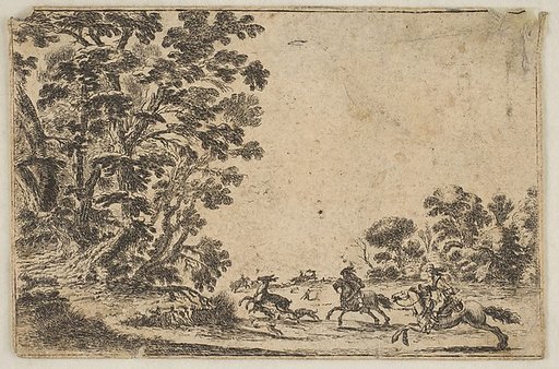Plate 4: a deer hunt, two horsemen galloping towards the rightbehind three dogs and a deer, a group of trees to left, from "Various Figures" (Agréable diversité de figures)
