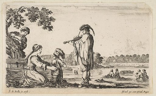 A man playing the violin in center, turned towards the left in profile, a seated woman to left playing with her dancing child, another woman standing and pointing behind a tree to left, seated women in a landscape to right in the background, from "Various figures and lands" (Diverse figure e paesi)