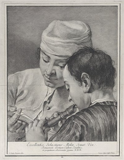 Plate 9: A youth playing the recorder while a man to the left holds up a music book, from "Icones ad vivum expressae"