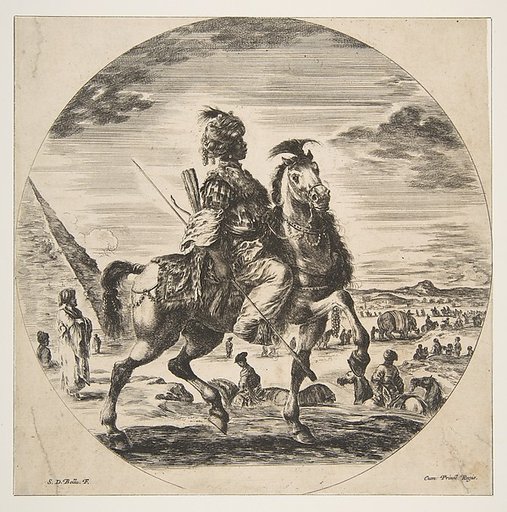Moorish horseman in profile facing right, in the background a pyramid at left, many figures and an elephant, from 'Figures on Horseback' (Cavaliers nègres, polonais et hongrois)
