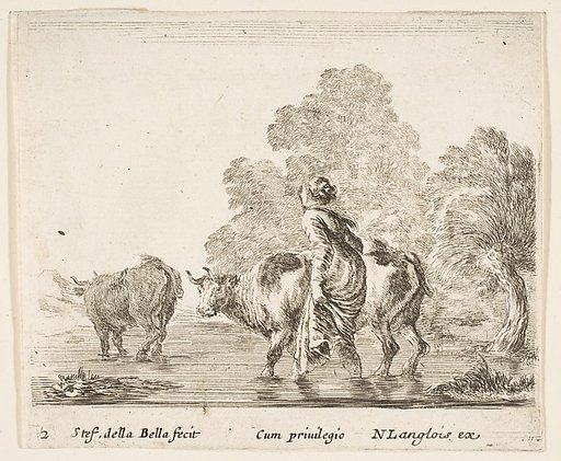 A peasant woman herds two cows across a stream, walking towards the left, plate 2 from "Diversi capricci"