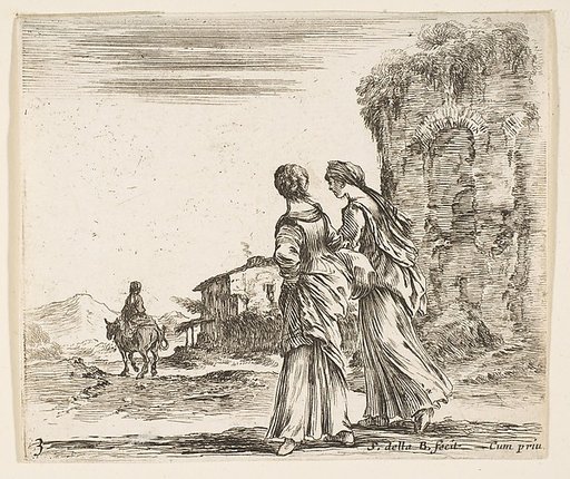Two girls walking towards the left, seen from behind, a woman on a horse to left in background, plate 3 from "Diversi capricci"