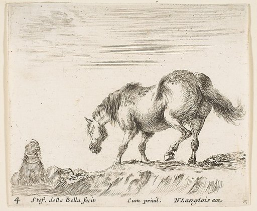 A horse in profile facing the left, about to descend from a mound, a horseman to left in background, plate 4 from "Diversi capricci"