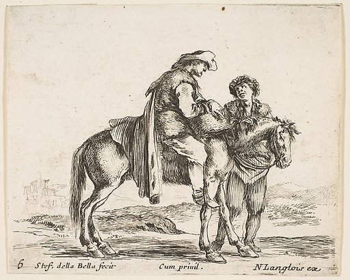 A peasant on horseback in profile facing the right, holding a basket and talking to another man standing behind the horse, plate 6 from "Diversi capricci"