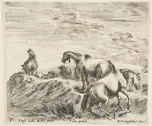 Two horses ascending the bank of a river at right, following a procession of horses and one horseman to the left, plate 7 from "Diversi capricci"