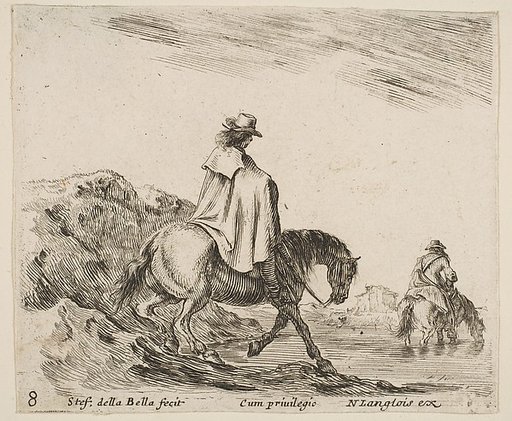 A horseman descends a riverbank, another horseman in river to right, plate 8 from "Diversi capricci"
