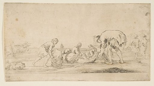 A fisherman bringing in his nets, a man at left pushing a bale to the right, two seated figures mending nets, and two figures at right seen from the back