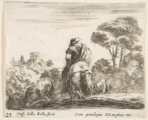 Herdsman atop a horse, seen from behind, leads his cattle down a hill, a tower on a hill to left in the background, plate 24 from "Diversi capricci"