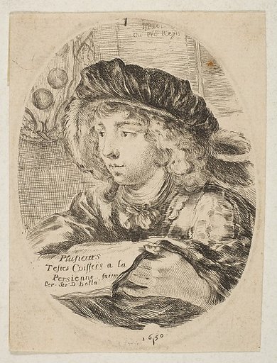 A bust of a young man wearing a cap with feathers, turned three-quarters to the left, the coat of arms of the Grand Duke of Tuscany in top left, title page from 'Several heads in the Persian style' (Plusieurs têtes coiffées à la persienne)