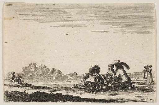 Two noblemen seated in center, seen from behind, conversing with a noblewoman seated between them, a noblewoman and man seated to left in background and standing to right in background, plate 7 from "Various Figures" (Agréable diversité de figures)