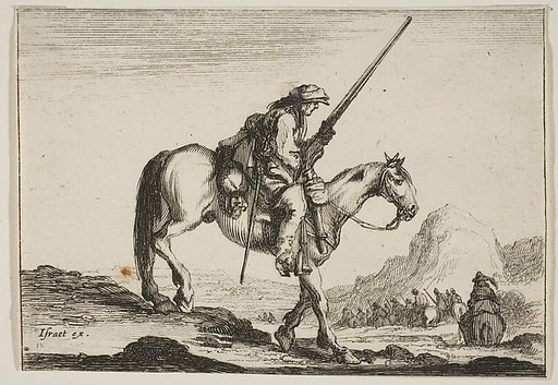 A soldier on horseback, holding a musket in his right hand, in profile descending a slope towards the right, other soldiers on horseback to right in the background, plate 12 from "Various Figures" (Agréable diversité de figures)