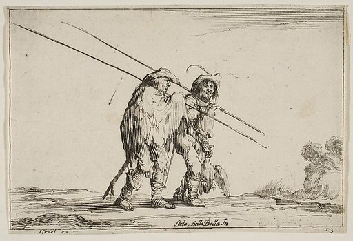 Two pikemen walking towards the right, each with their pikes in their right hands, plate 13 from "Various Figures" (Agréable diversité de figures)