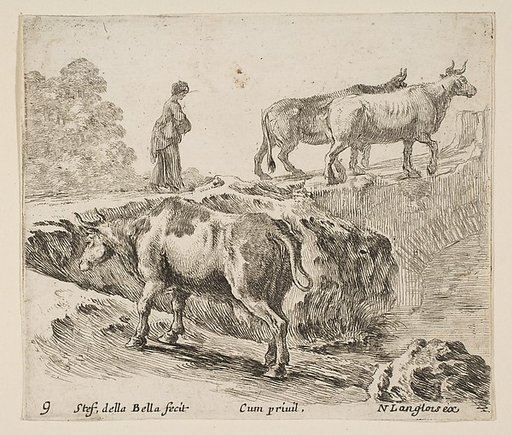 A cow ascending a bank, a peasant woman leading two cows across a bridge in background, plate 9 from "Diversi capricci"