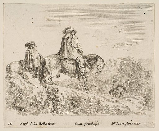 Two horsemen descending a mountain at left, another horseman to right in background, plate 10 from "Diversi capricci"