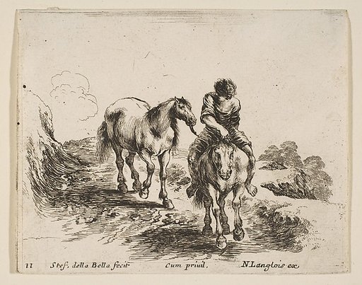 A young horseman, seen from the front, leading another horse, plate 11 from "Diversi capricci"