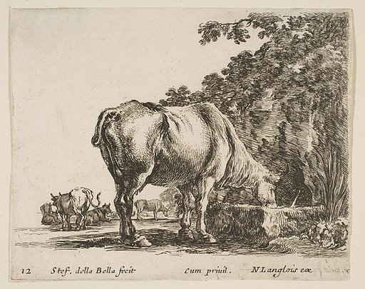 A cow drinking from a stone trough, other cows to left in background, plate 12 from "Diversi capricci"