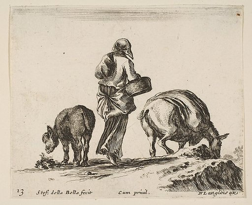 A peasant woman, seen from the back, holding a basket in center, a donkey to left and a horse with a pack on its back to right, plate 13 from "Diversi capricci"