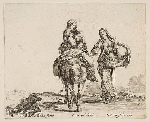 A young peasant woman and her child sitting side saddle atop a horse in center, another peasant woman to right, holding a large bag in her left arm, plate 14 from "Diversi capricci"