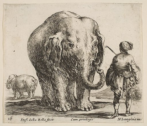 An elephant in center, his mahout standing to the right wearing an Oriental costume, another elephant to left in background, plate 16 from "Diversi capricci"