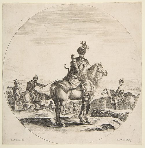 Polish horseman with a bow and arrow, seen from behind with his horse facing right, a circular composition, from 'Figures on Horseback' (Cavaliers nègres, polonais et hongrois)