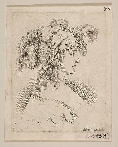 Plate 15: mid-bust of a young woman in profile wearing a hat topped with feathers, from 'The Book for Learning to Draw' (Livre pour apprendre à dessiner)