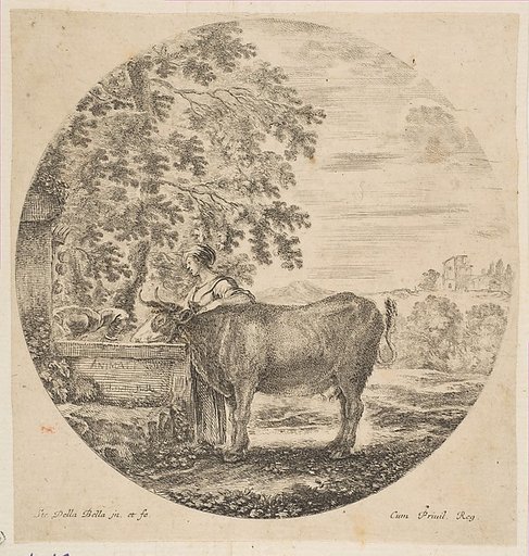 A peasant woman with a cow at a fountain decorated with the Medici arms, from "Six animal subjects" (Six sujets d'animaux)